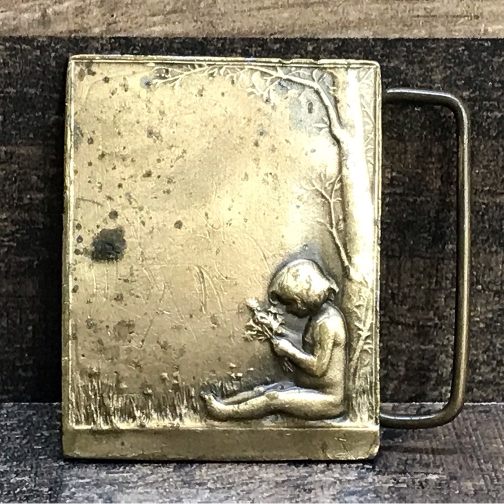 Vintage Child Picking Wildflowers Under Tree Brass Belt Buckle 1970’s-1980’s